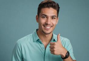 AI Generated A young man in a teal shirt making a thumbs-up gesture. He exhibits a friendly demeanor against a blue backdrop. photo