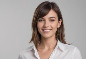 AI Generated A smiling woman in a white shirt, looking at the camera with a soft expression, neutral background. photo