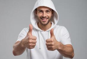 ai generado un alegre hombre en un blanco capucha dando dos pulgares arriba, oscuro antecedentes. foto