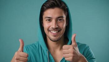 AI Generated A content man in a turquoise hoodie gestures OK with both hands. Solid blue backdrop. photo