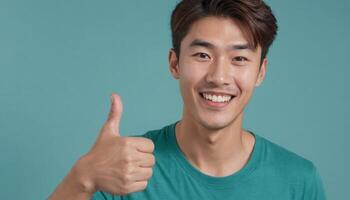 ai generado sonriente hombre en verde azulado camisa haciendo un pulgares arriba signo. turquesa antecedentes agrega un frio tono. foto