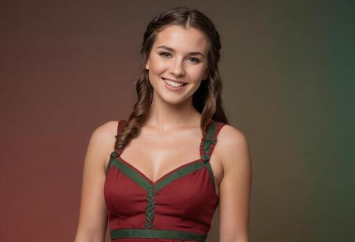 AI Generated A smiling woman in a red top, casual yet confident appearance, gradient backdrop. photo