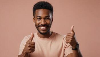 AI Generated A happy man in a peach shirt giving a thumbs up with a soft brown backdrop. photo