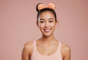 AI Generated A smiling woman with a hair bow looks playful. Her peach tank top and background radiate a soft charm. photo