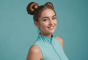 AI Generated A cheerful woman in a sleeveless top smiles brightly. Her playful hair buns and the turquoise backdrop add a fun, youthful vibe. photo