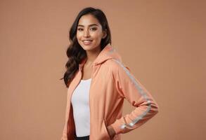 AI Generated A casual woman in a peach jacket poses with a subtle smile. The warm backdrop and relaxed pose convey comfort and style. photo