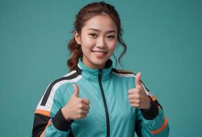 AI Generated An athletic woman in a sports jacket gives thumbs up. The dynamic stripes and blue backdrop highlight her active lifestyle. photo