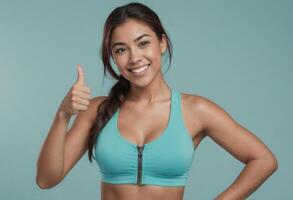 AI Generated A woman in a zip-front sports bra gives a thumbs up. Her radiant smile and turquoise background convey positivity. photo