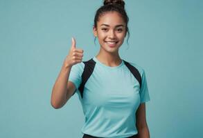 AI Generated Smiling student in a turquoise t-shirt giving a thumbs-up. She carries a backpack, suggesting readiness for school. photo