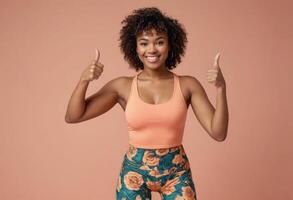 AI Generated Joyful woman in orange top and floral skirt giving double thumbs up. Her expression is lively and cheerful. photo