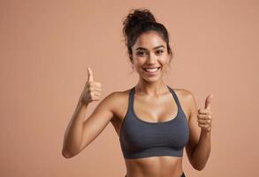 AI Generated Energetic fitness enthusiast in a grey sports bra giving double thumbs up, exuding positivity. photo