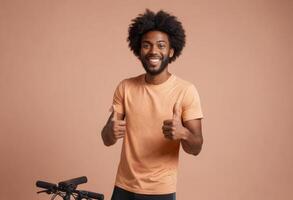 ai generado un alegre hombre con un vibrante sonrisa y pulgares arriba. el casual camiseta y animado expresión hacer para un atractivo y positivo imagen. foto