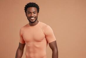 AI Generated A smiling man in a peach t-shirt looks relaxed and approachable, with a friendly and open demeanor. photo