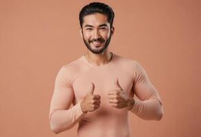 AI Generated A friendly man in a salmon-colored shirt gives double thumbs up. His engaging smile and stylish appearance suggest confidence and charisma. photo
