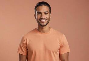AI Generated A relaxed man in a peach t-shirt stands casually, his posture suggesting comfort and ease. photo