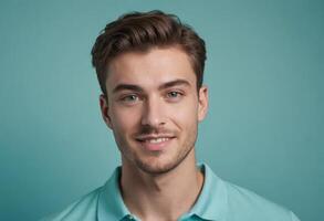 AI Generated A casual man in a turquoise tee with a friendly smile. His effortless style and approachable look suggest ease and fashion sense. photo