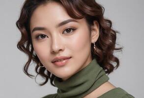 AI Generated A graceful woman in a green turtleneck, her elegant look enhanced by subtle makeup and a poised expression. photo