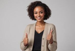AI Generated A cheerful woman in a cardigan smiles with double thumbs up, radiating friendliness and joy. photo
