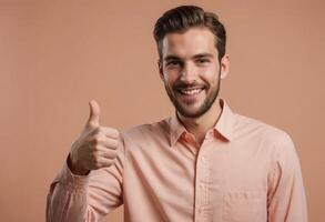 AI Generated A friendly man with a beard in a peach shirt giving a thumbs up. His warm smile and casual pose reflect a welcoming persona. photo