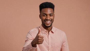 AI Generated A smiling young man in a peach button-up shirt giving a thumbs up. His confident and engaging presence exudes approachability. photo