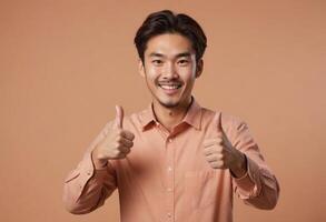 AI Generated A smiling man with a friendly face in a peach shirt giving two thumbs up, his expression denotes enthusiasm and positivity. photo