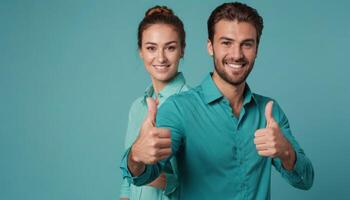 AI Generated Happy couple in coordinated teal clothing showing thumbs up, blue background. photo