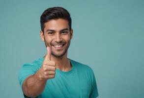 ai generado un alegre hombre en un verde azulado Cuello redondo camisa gesticulando pulgares arriba. sólido azul antecedentes enfatiza el sujeto. foto