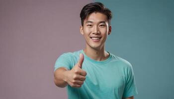 AI Generated Man in light teal shirt showing thumbs up with a cheerful expression. Pink and blue gradient background. photo