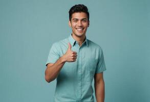 ai generado joven hombre en ligero azul camisa con un radiante sonrisa dando un pulgares arriba. azul antecedentes. foto