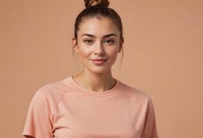 AI Generated A casual young woman in a peach t-shirt smiles subtly. The plain background highlights her relaxed demeanor. photo