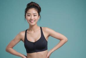 AI Generated A smiling woman in a black sports bra stands hands on hips. The turquoise background complements her athletic image. photo