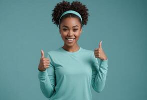 AI Generated Joyful woman in a teal sweater giving a thumbs-up. Her bright smile and casual style suggest a content and relaxed mood. photo