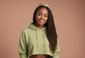 AI Generated Smiling young woman in a green hoodie, looking casual and comfortable with a tiara on her head. photo