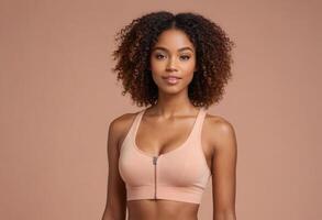 AI Generated Fit woman standing in a neutral pose wearing a sporty zip-front bra. Her stance exudes confidence and calm. photo