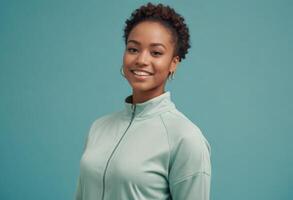 AI Generated Young woman posing in a fitted turquoise turtleneck, her demeanor is relaxed and confident. photo