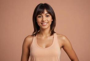 AI Generated A casually dressed woman with a bright smile looks directly at the camera. Her warm presence is inviting and friendly. photo