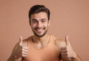 AI Generated A friendly man in a tank top gives double thumbs up. His casual style and warm smile portray a relaxed and positive attitude. photo