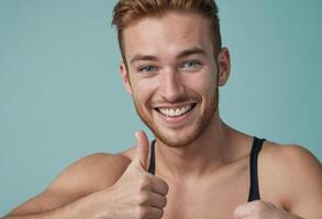 ai generado un alegre sin camisa hombre da un pulgares arriba. su brillante sonrisa y atlético construir transmitir confianza y vitalidad. foto