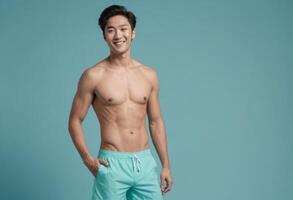 AI Generated A shirtless man in casual shorts smiles, displaying a relaxed and carefree attitude with a fit body. photo
