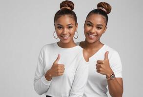 AI Generated Twin women in white tops give a thumbs up, their coordinated outfits and similar features expressing unity and positivity. photo