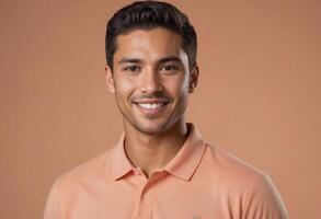 AI Generated A man in a salmon polo shirt offers a friendly smile, portraying a smart casual look. photo