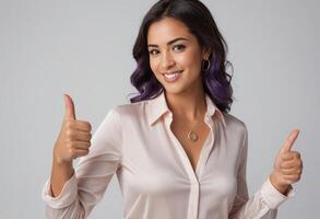 ai generado un confidente mujer en un satín blusa da dos pulgares arriba, su radiante sonrisa exhibiendo positividad y garantía. foto