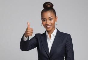 AI Generated A professional woman in a suit jacket gives a thumbs up, her expression one of assured success. photo