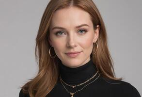 AI Generated An elegant woman with a graceful pose, wearing a black turtleneck and gold jewelry, exudes a refined aura. photo