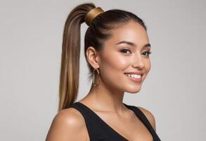 AI Generated A smiling woman with a high ponytail and black top exudes charm and a chic, modern look. photo