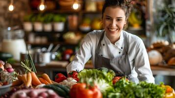 ai generado un nutricionista dando un presentación en sano comiendo hábitos foto