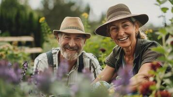 AI generated A senior couple staying active by gardening together photo