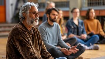 ai generado un terapeuta conductible un atención plena sesión con un grupo de clientela foto