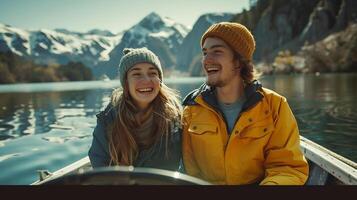 ai generado un joven Pareja riendo y disfrutando un barco paseo en un tranquilo lago rodeado por primavera paisaje foto