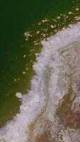 Dry salty shore with no vegetation of Mono Lake, California, USA. Sea-green water of calm lake on daytime from aerial view. Vertical video